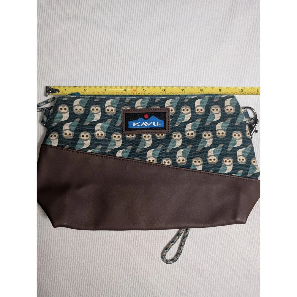 KAVU Pixie Pouch Owl Print Canvas Wristlet Accessory Bag Brown Teal Clutch
